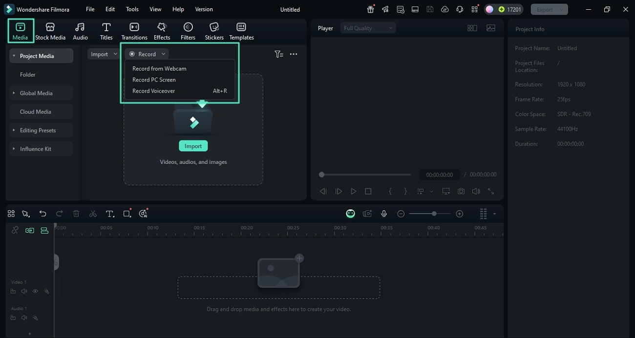 access recording options filmora