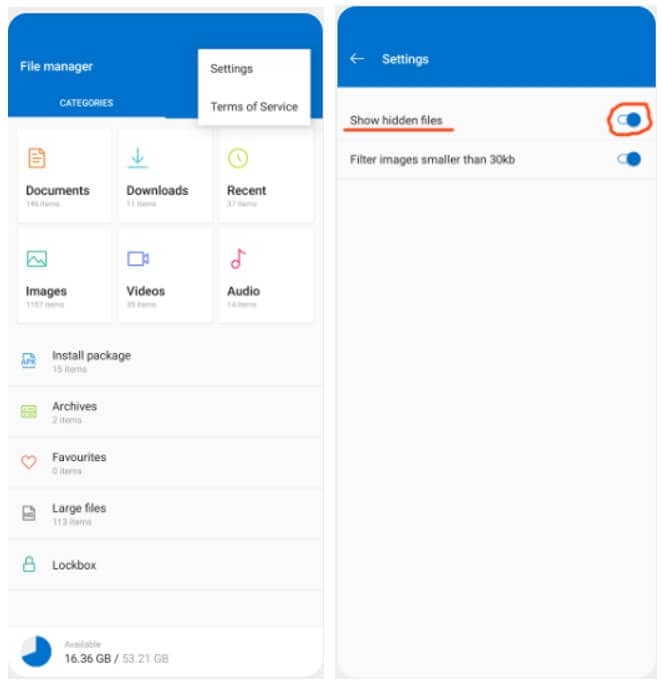 file manager app show hidden files