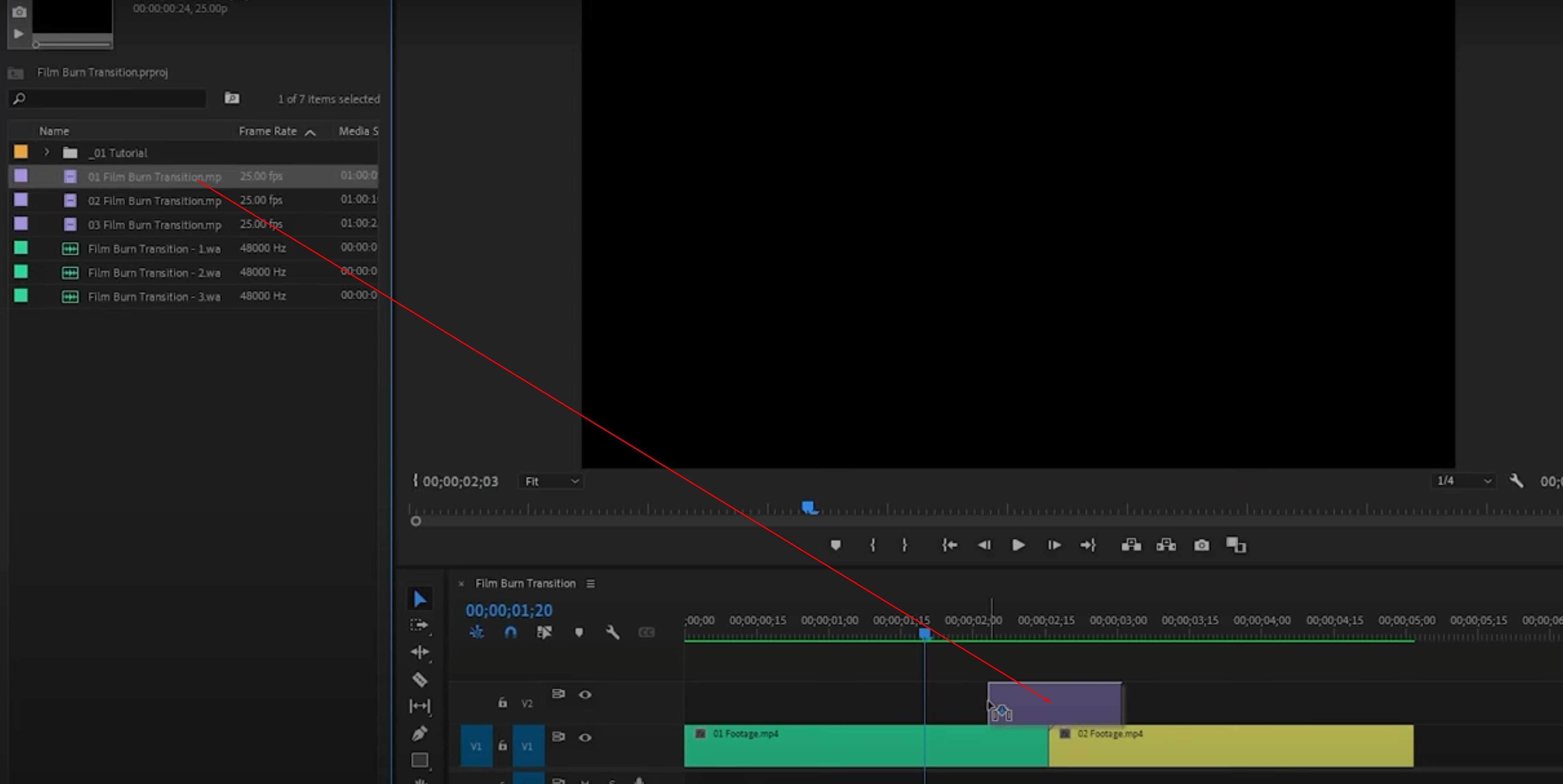 drag film burns asset to timeline