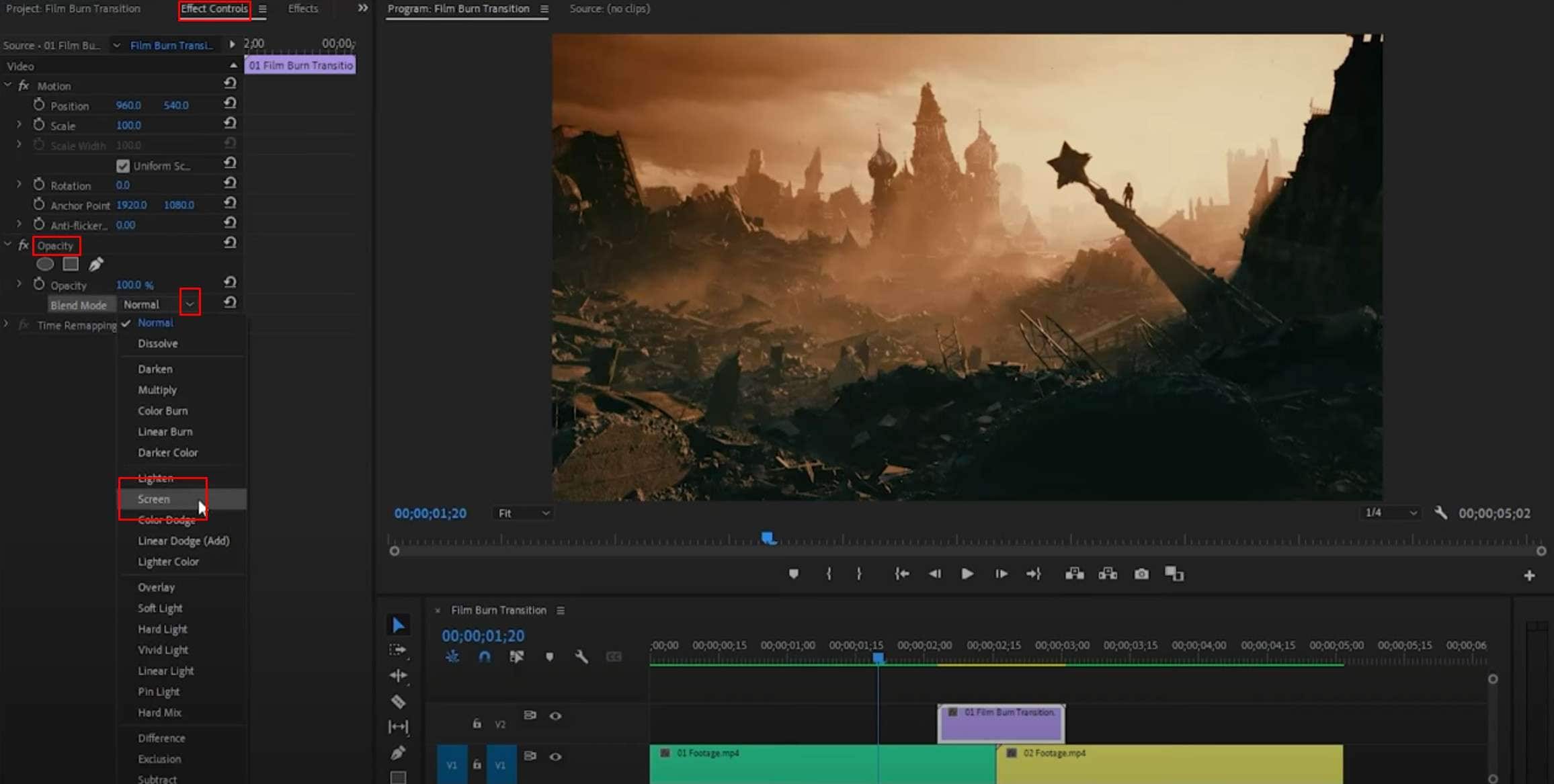 adjust film burns asset premiere pro