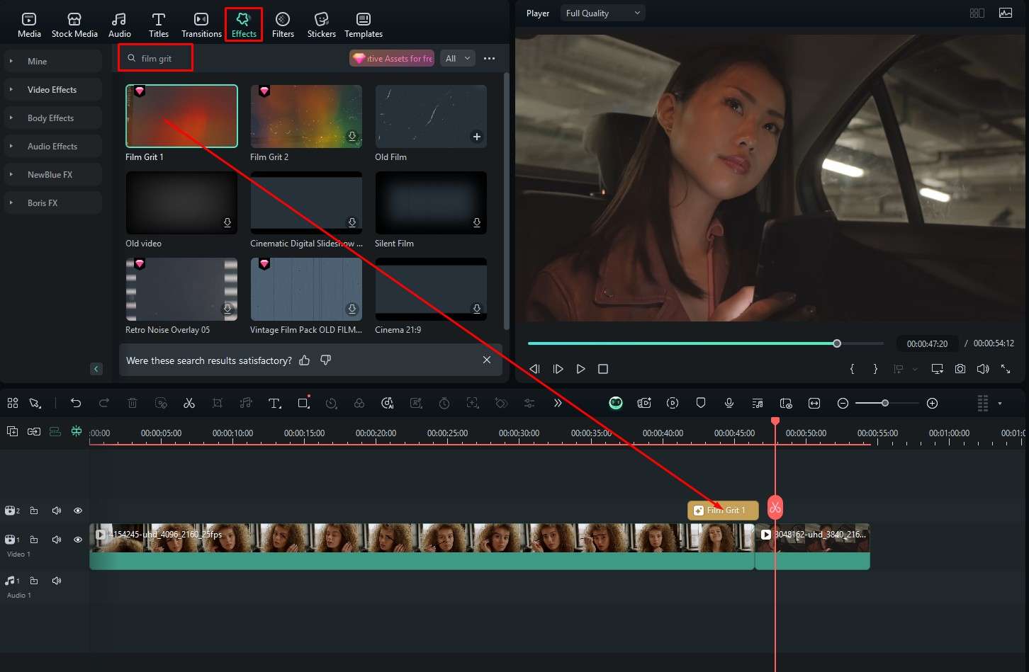 film grit effect to timeline filmora
