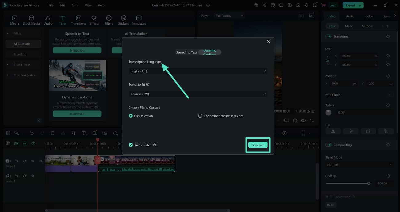 select language and generate captions