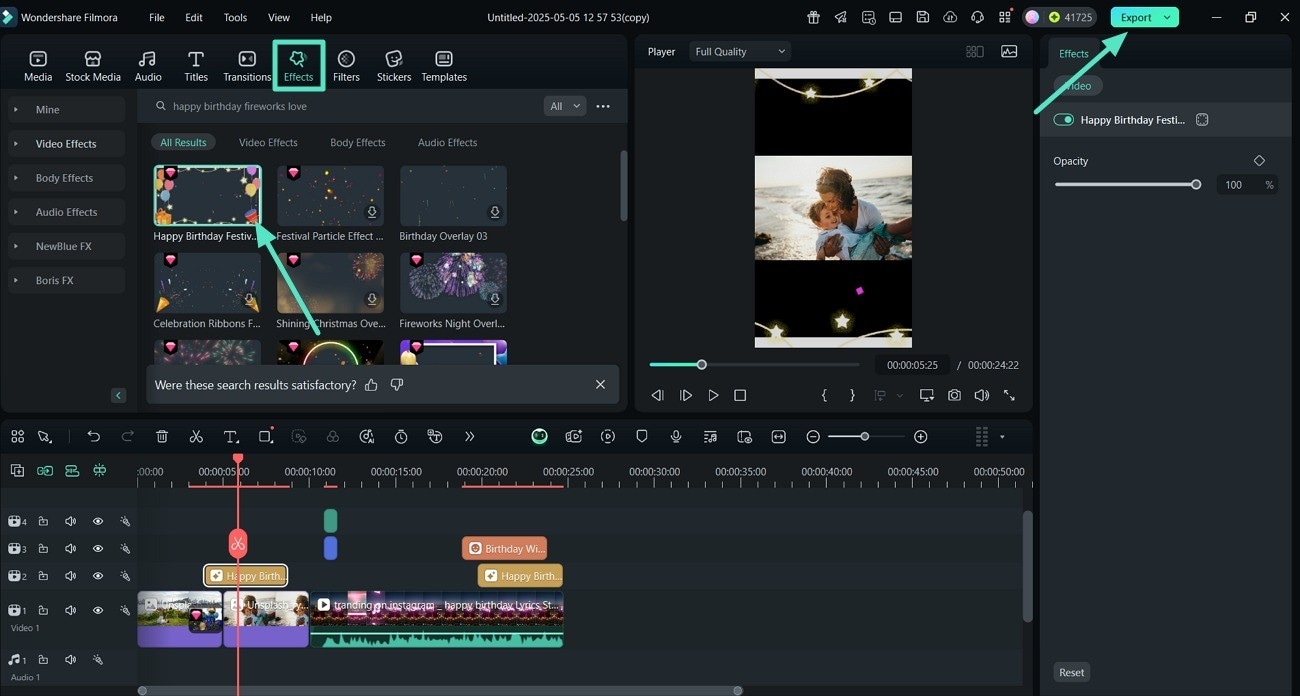 add birthday effects and export
