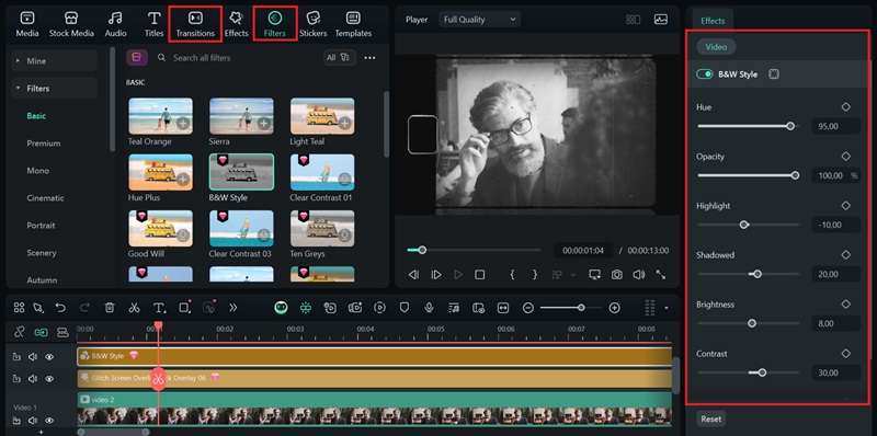 add transition and filter effect