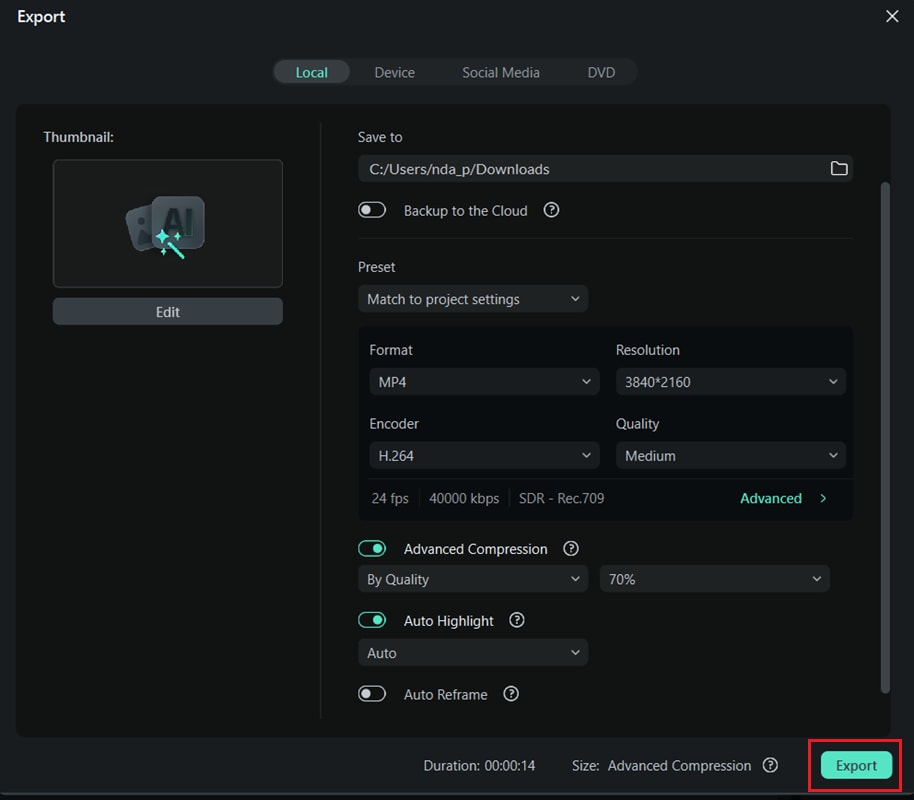 customized the export settings