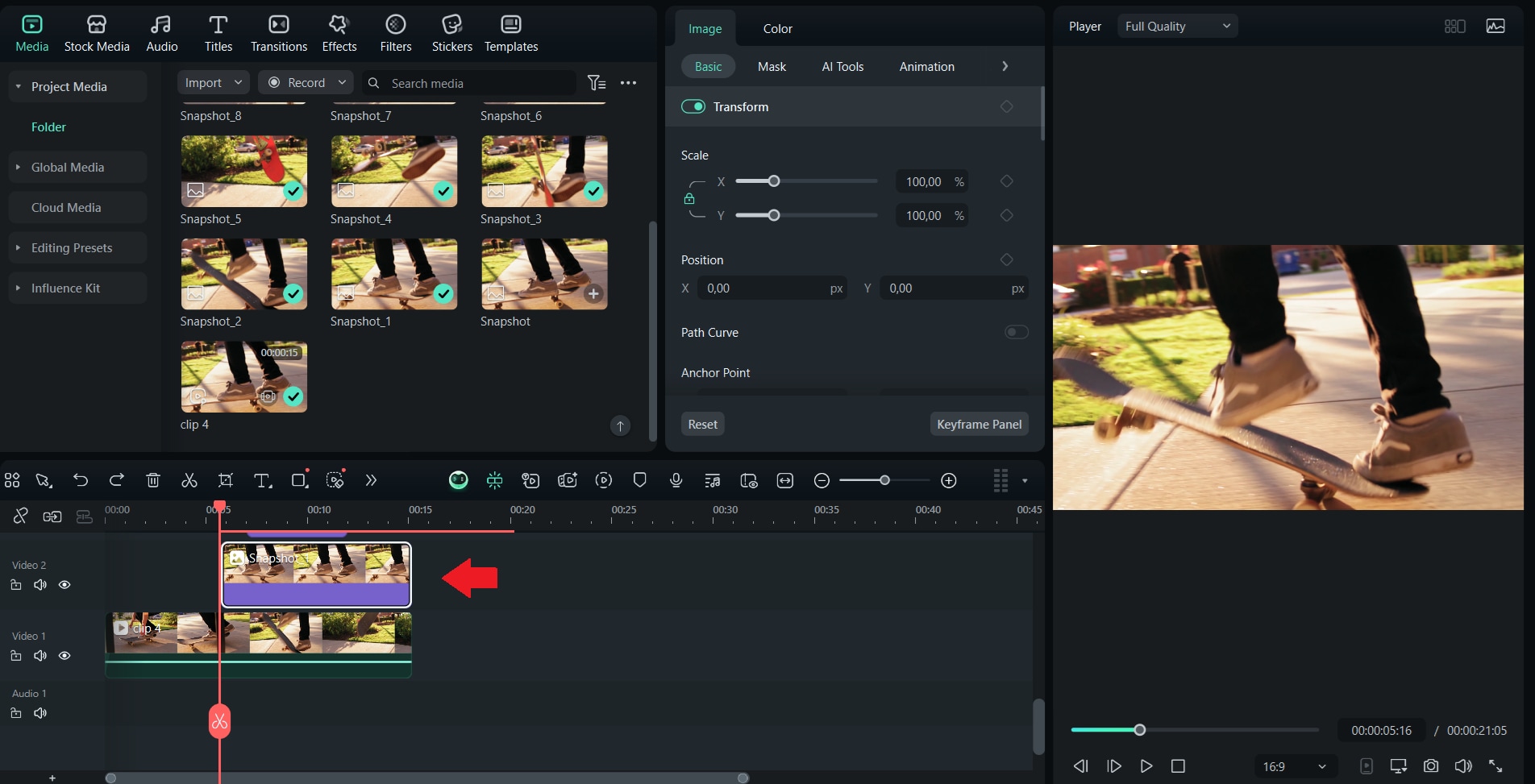 drag snapshot onto the timeline