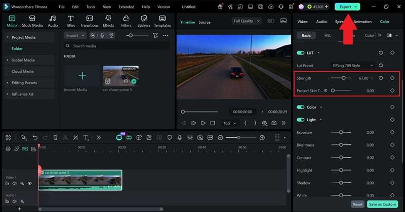 adjust lut strength and export