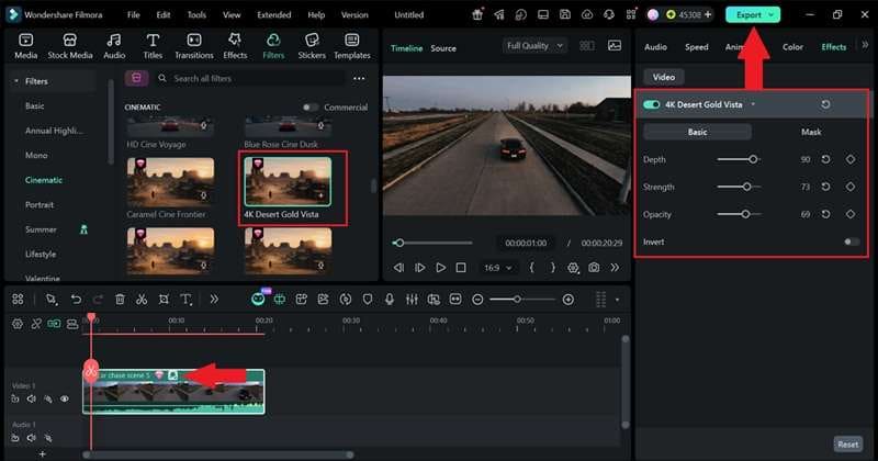 apply the filter and click export