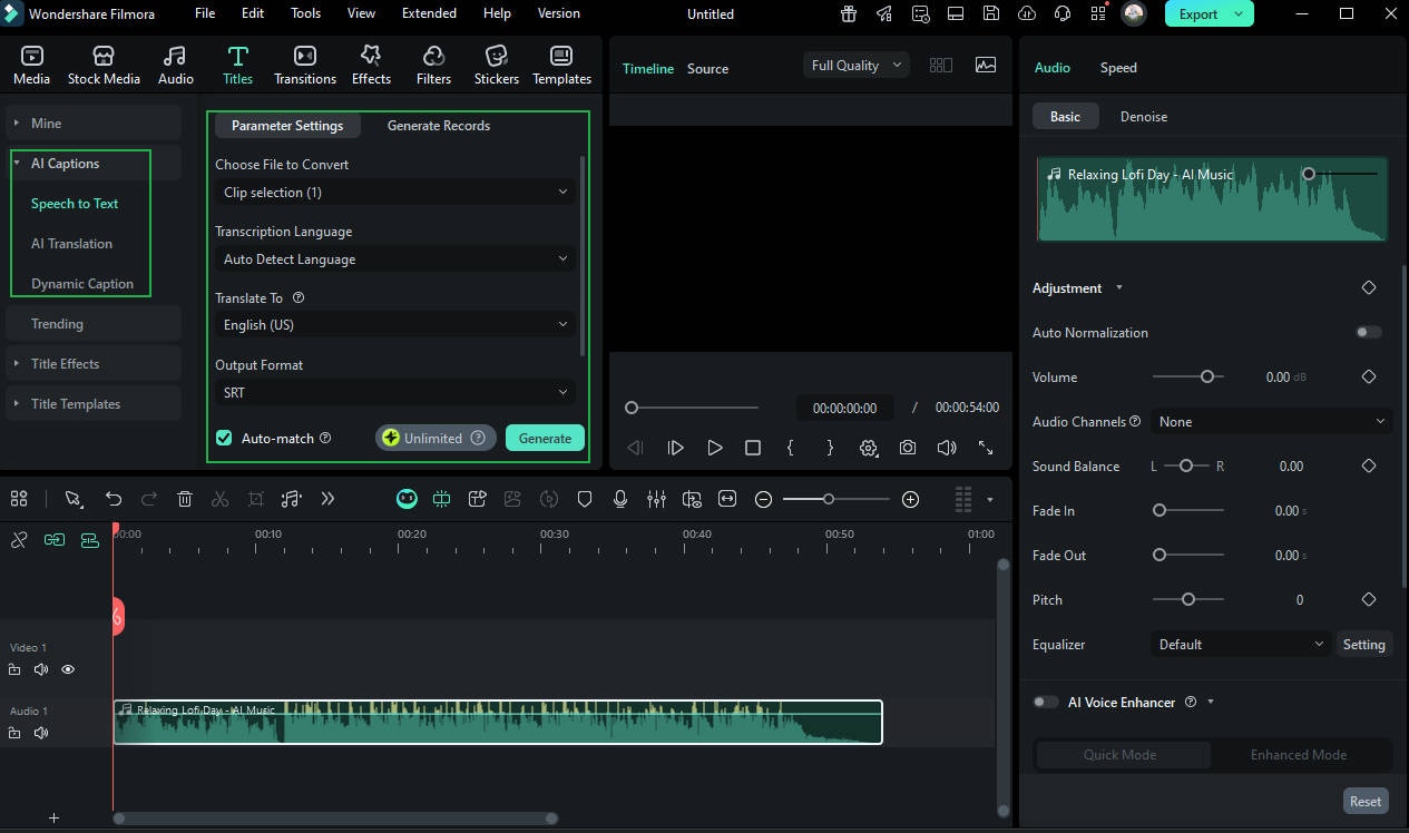 Filmora AI caption feature
