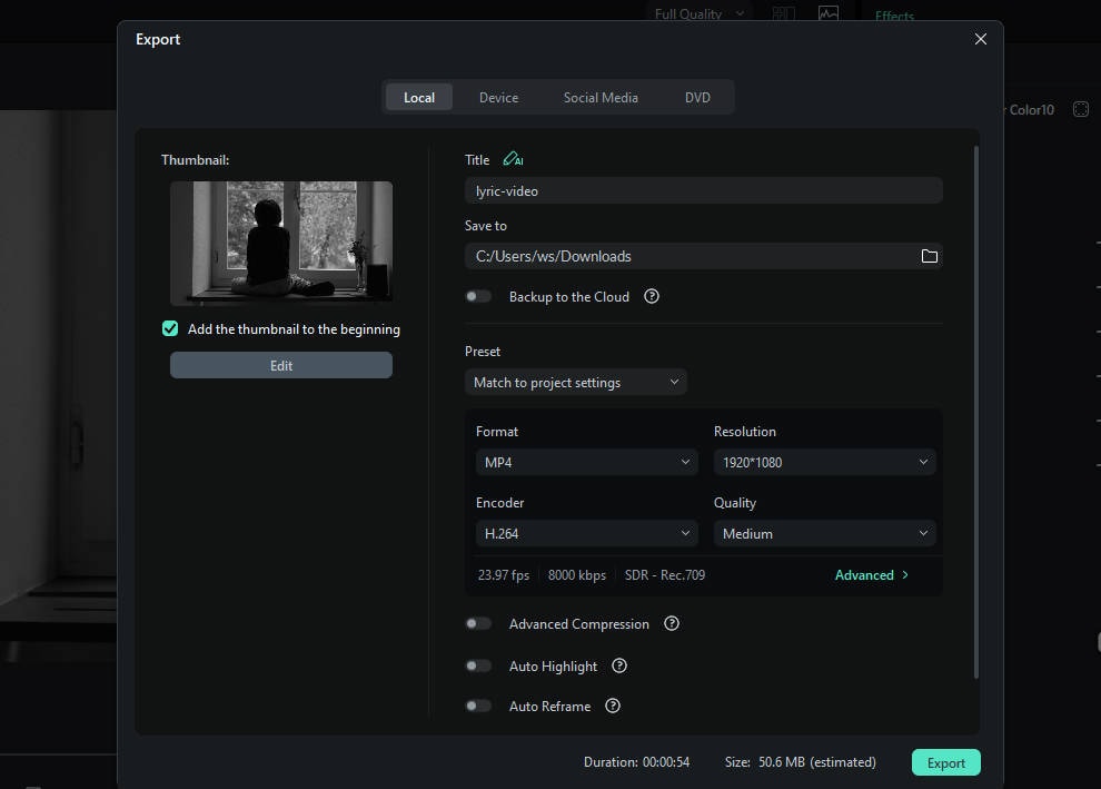 Filmora export window