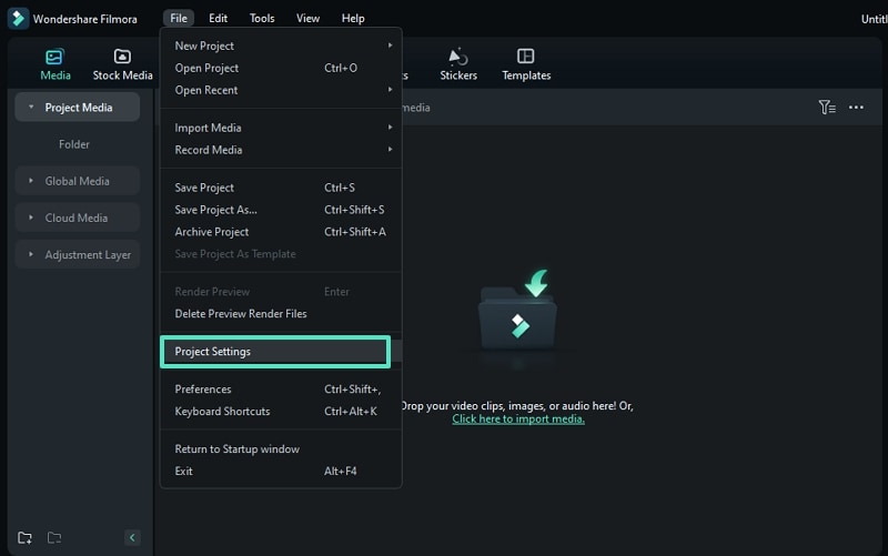 filmora project settings