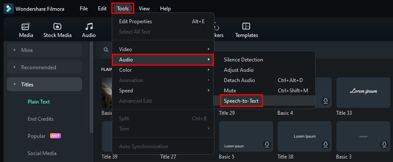 filmora speech to text function