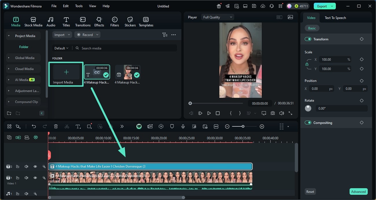 upload srt file to timeline