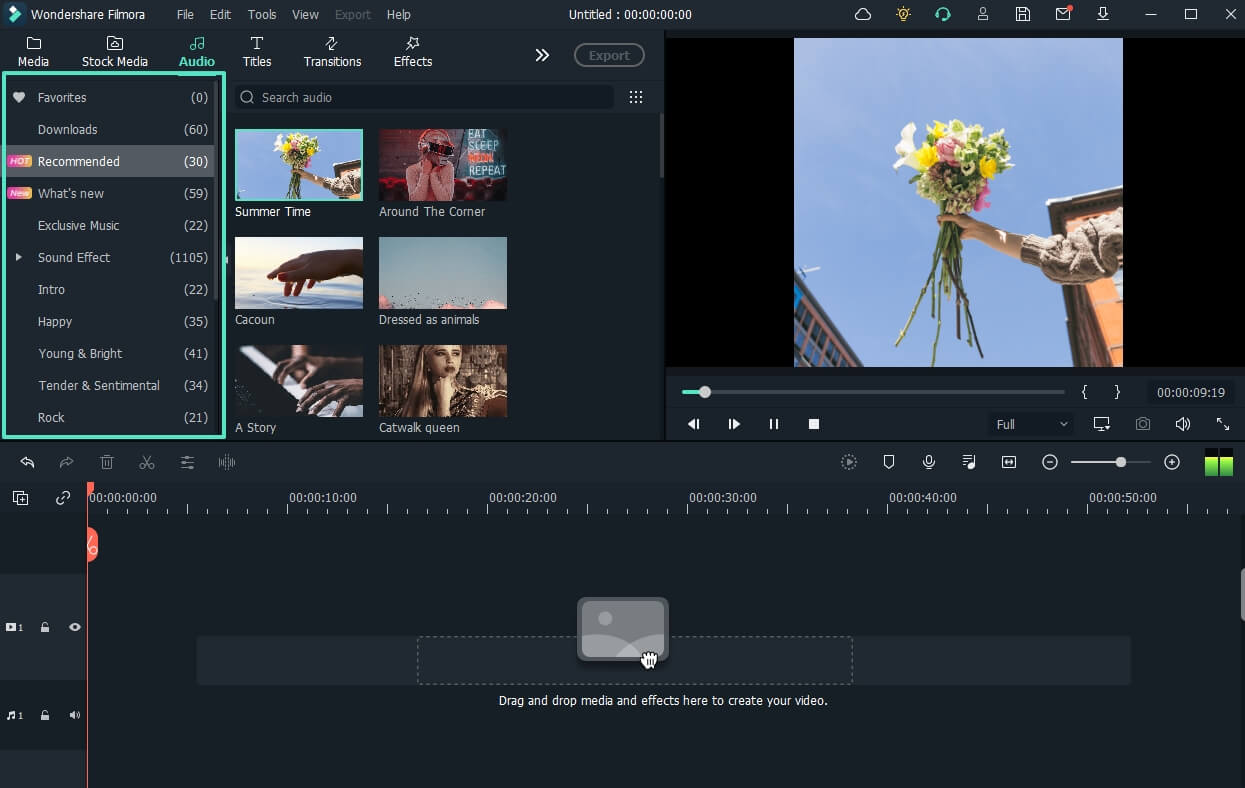 filmora video editor audio library
