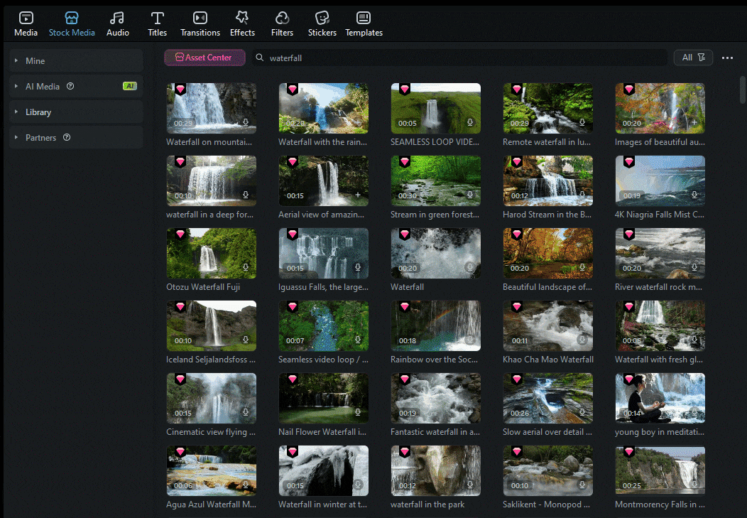 filmora waterfall library