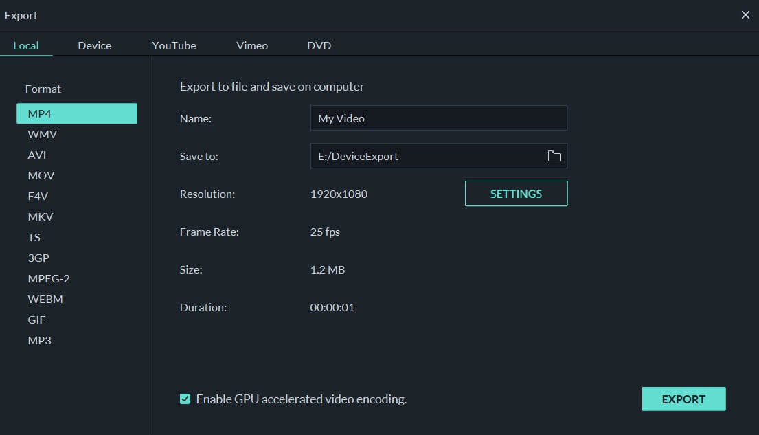 Filmora video editor-export-panel
