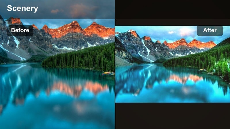 Warm sunrise filter applied to a mountain landscape video frame