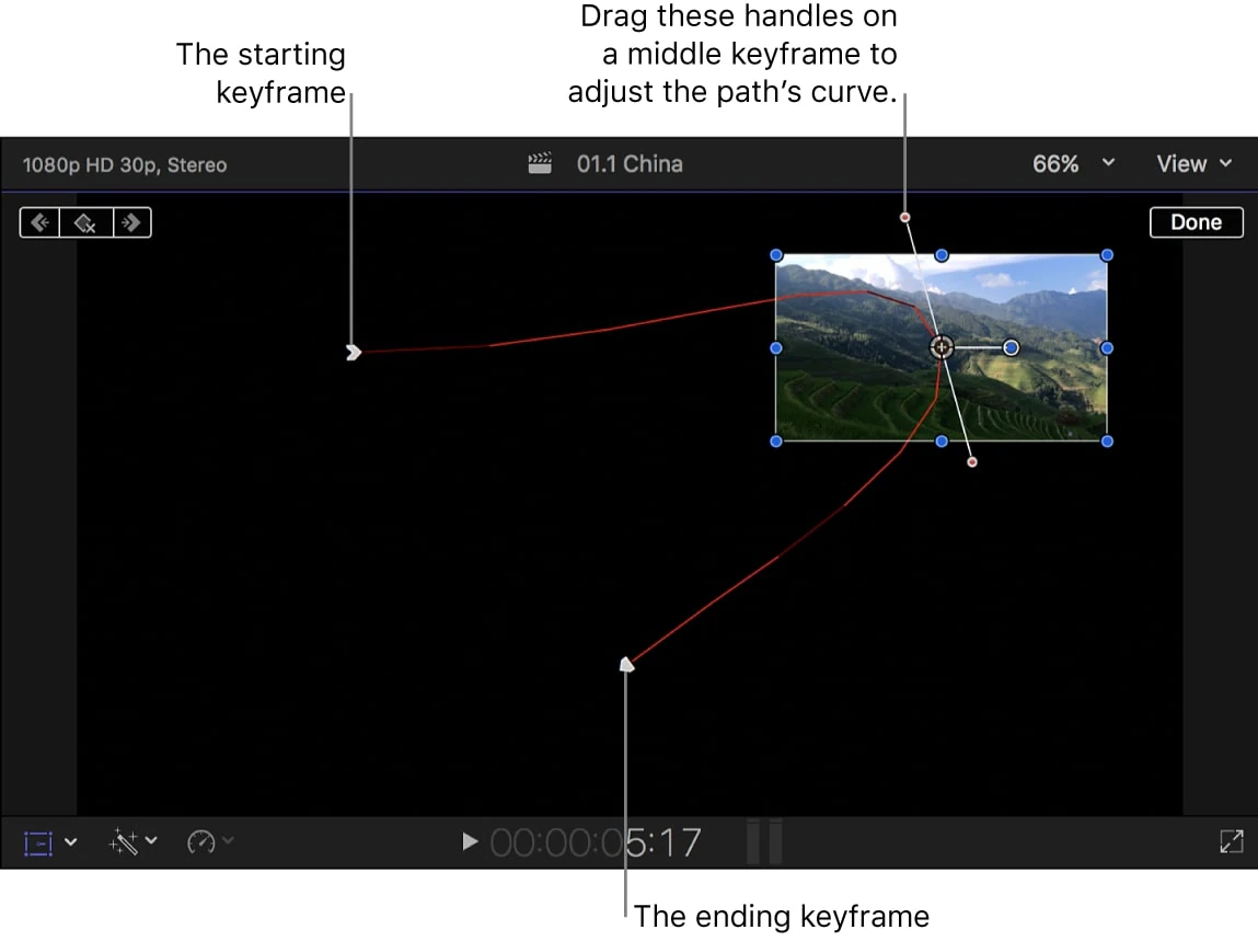 crear ruta de animación con fotogramas clave fcpx