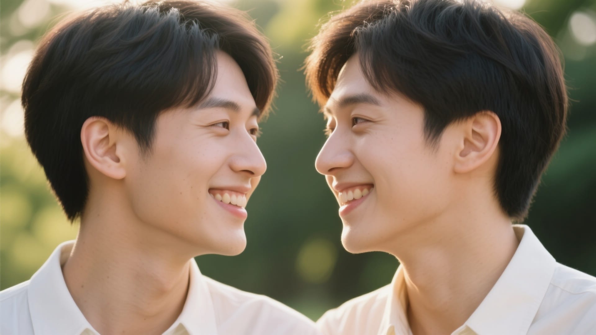 two look-alikes smiling together