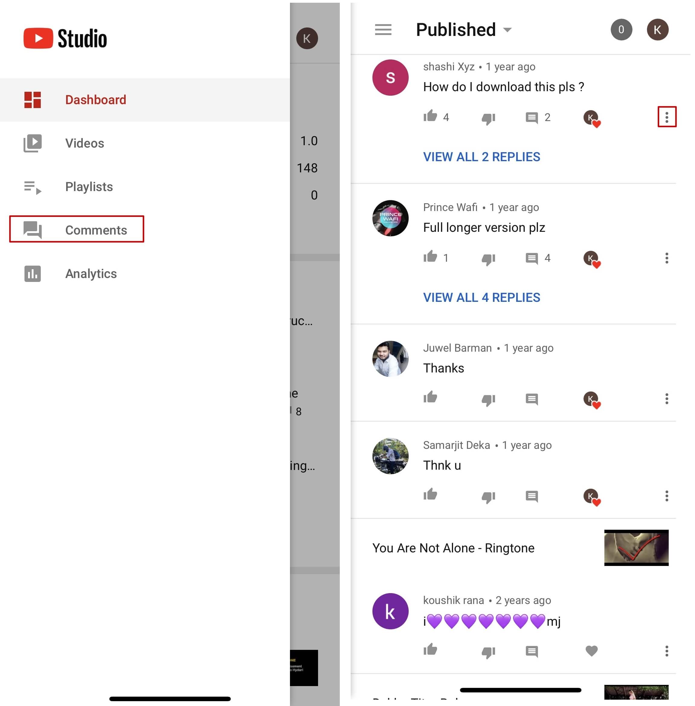 Find  YouTube Comments mobile 
