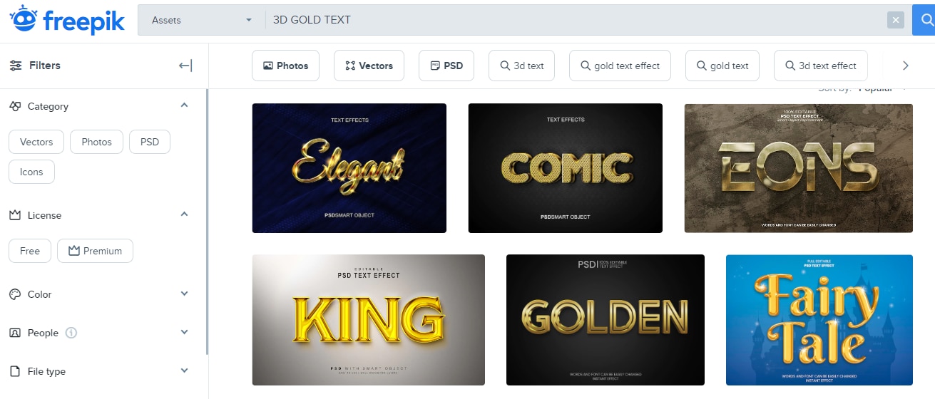 finding 3d gold text effect freepik