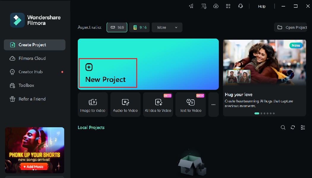 select new project in filmora desktop