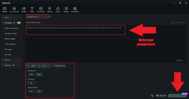 write prompt and adjust settings