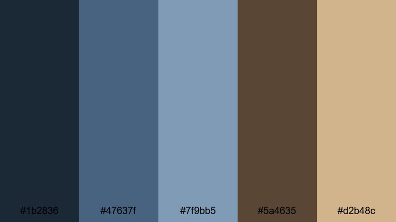 foggy cabin morning blue dark brown color palette with hex codes