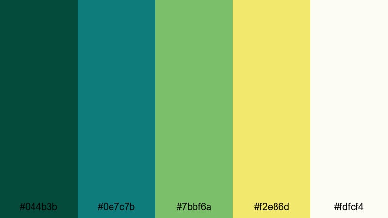 forest canopy sunbeams green yellow blue color palette with hex codes