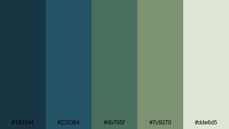 forest creek stillness blue olive green color palette with hex codes