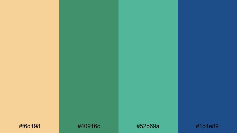 forest lagoon morning gold blue green color palette with hex codes