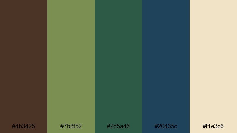forest trail escape brown green blue color palette with hex codes