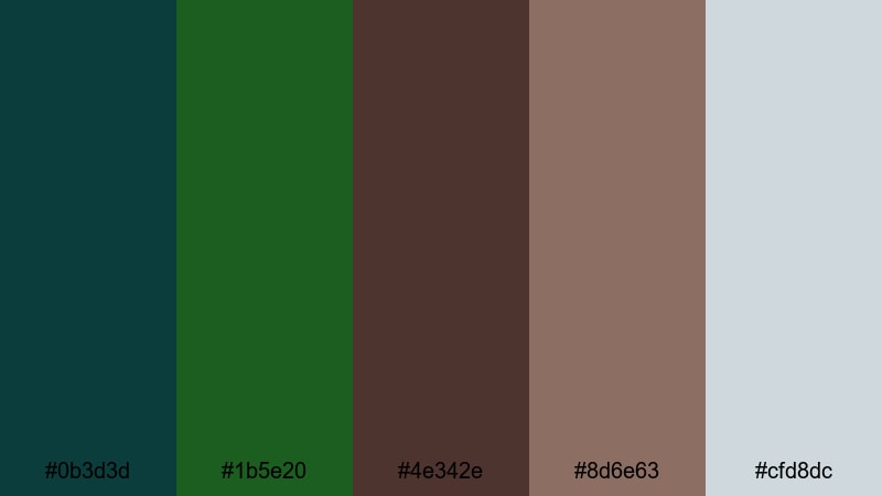 forest trail tranquility blue green brown color palette with hex codes