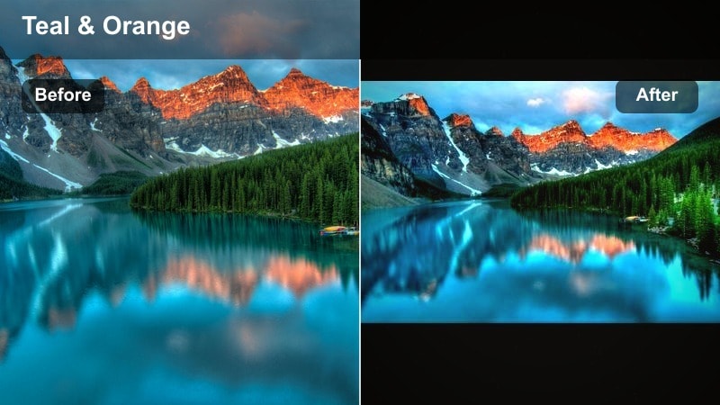 Cinematic teal-and-orange winter mountain filter on a reel