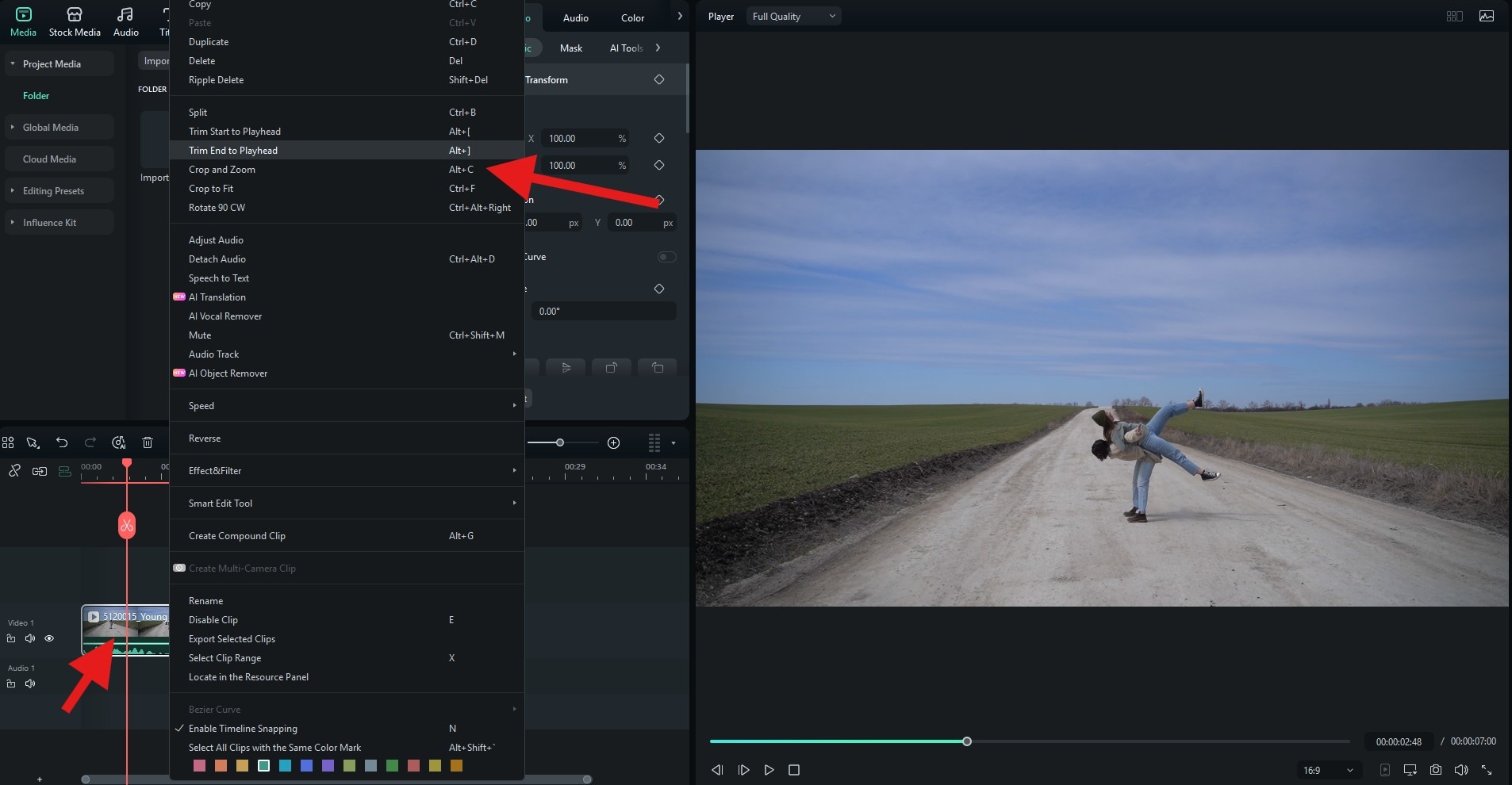 activate crop and zoom using filmora