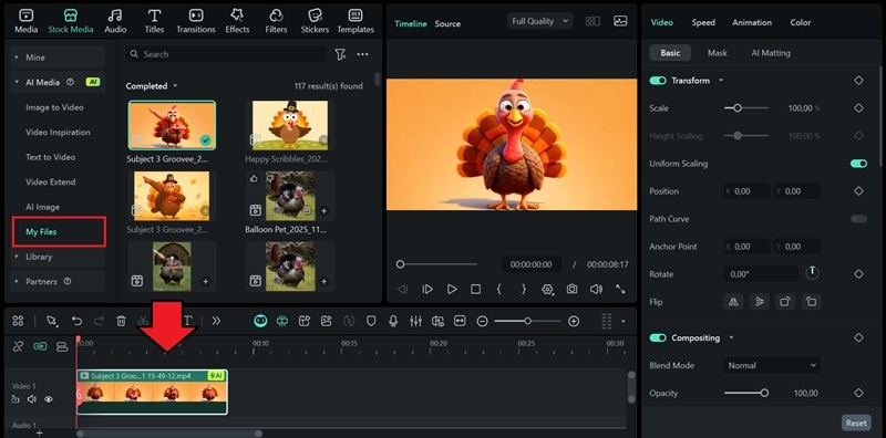 add video result to timeline