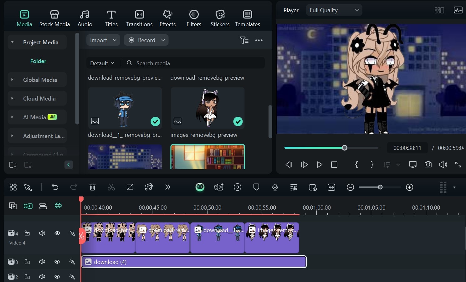シーンをタイムラインに並べる画面