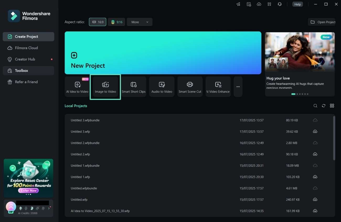 launch filmora and click image to video