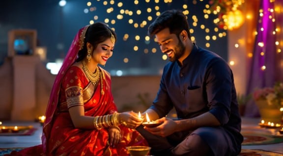 diwali couple lighting diyas