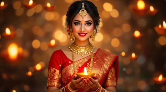 woman saree holding diya