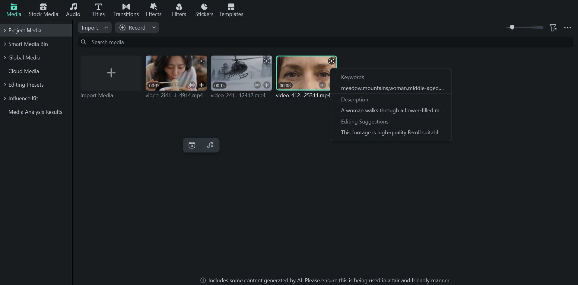 Análisis de medios con IA en Filmora
