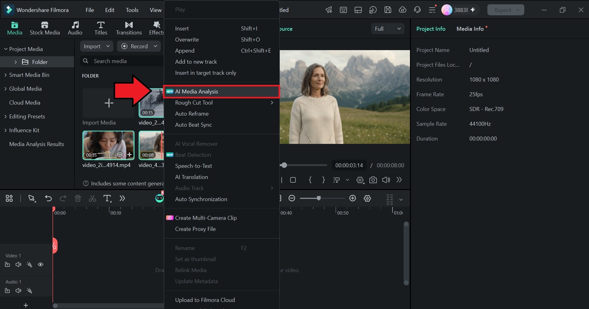 Abrir Análisis de medios con IA en Filmora