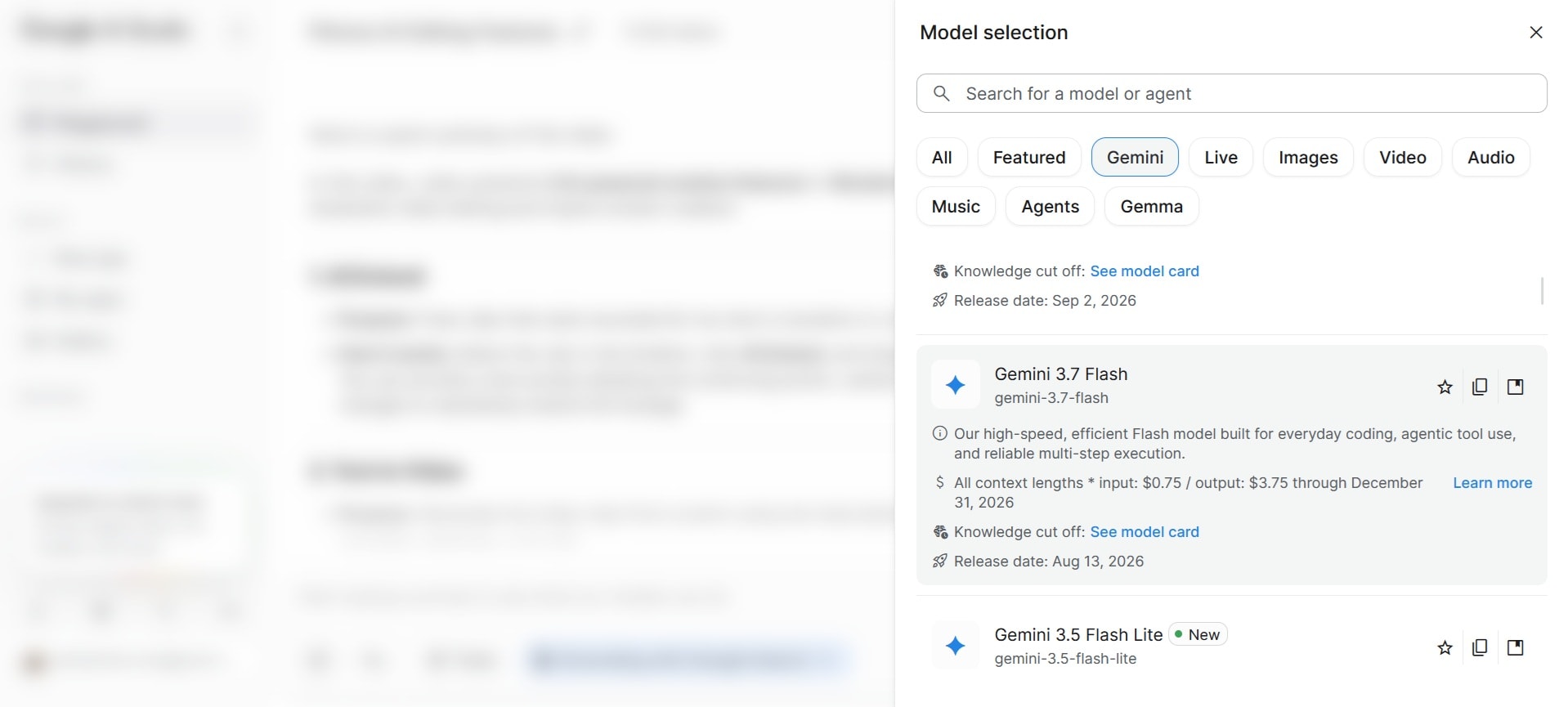 Seleccionar un modelo de Gemini en Google AI Studio