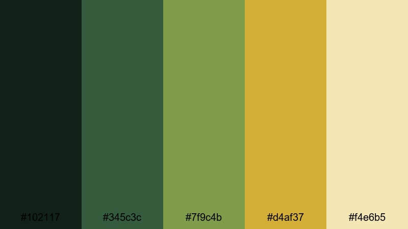 gilded forest soiree gold green color palette with hex codes