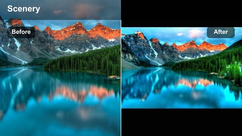 Calm teal tinted lake with soft reflections