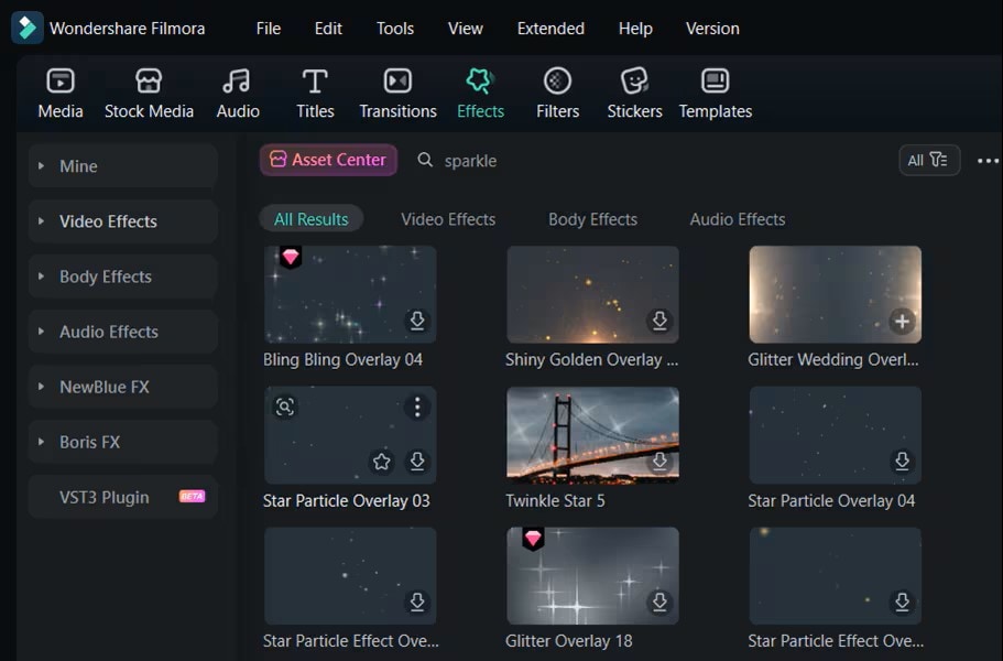 Sparkle overlay pack in Filmora applied to lifestyle video.