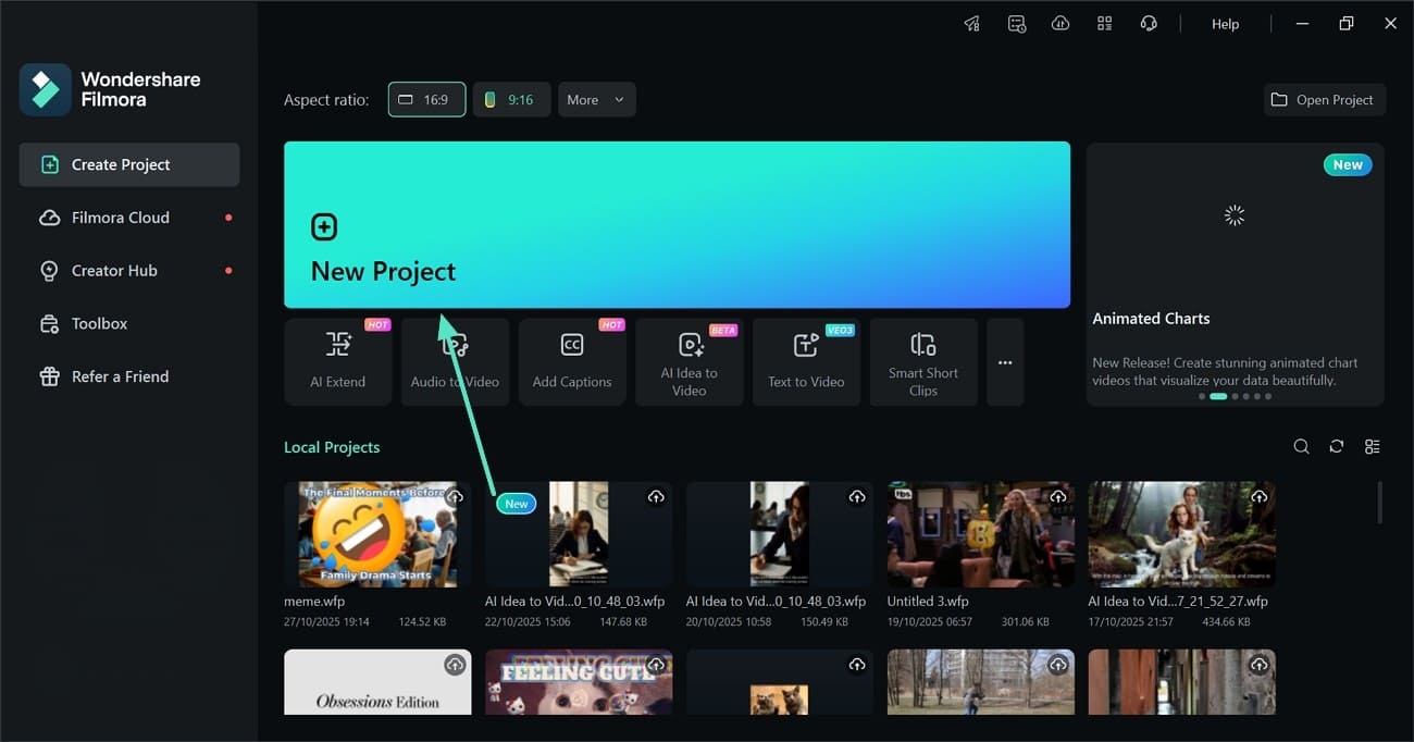 select new project button wondershare filmora