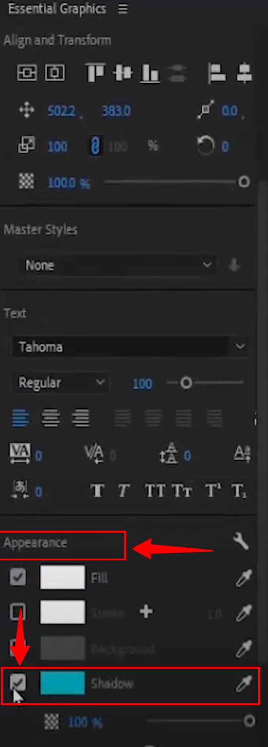 premiere pro essential graphics panel appearance settings