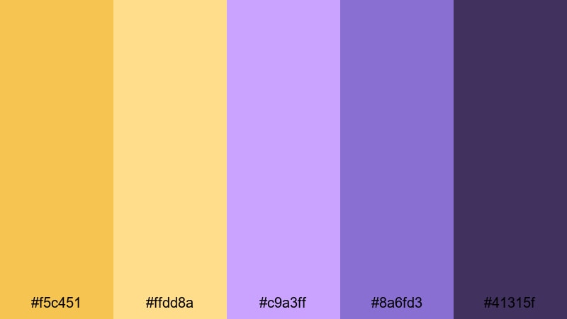 golden amethyst luxe yellow purple color palette with hex codes