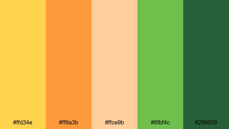 golden citrus fade yellow orange green color palette with hex codes